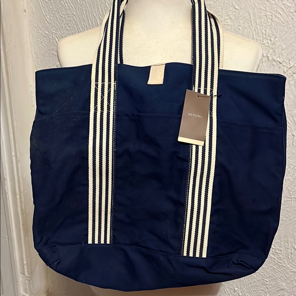 Merona Navy Blue Tote with Striped Handles